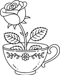 Rose in Teacup Line Art Illustration

