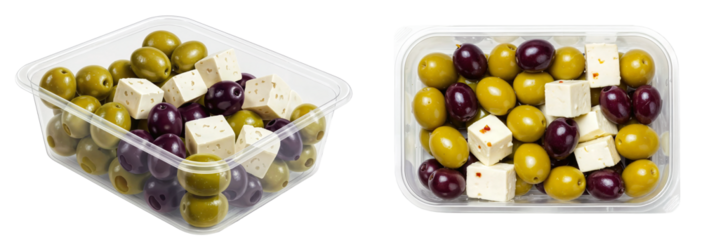 green and black olives with feta cheese in clear plastic containers