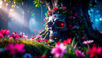 illustration of a skull face that is the guardian of an old tree 7