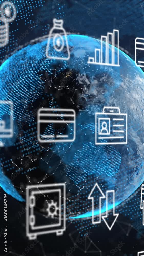 Poster animation of network of digital icons and data processing over globe