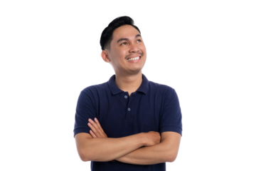 Smiling Asian man crossing arms and looking up with confident and optimistic expression isolated on transparent background