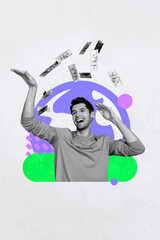 Pop image collage of person flying usd money dance on pastel color background