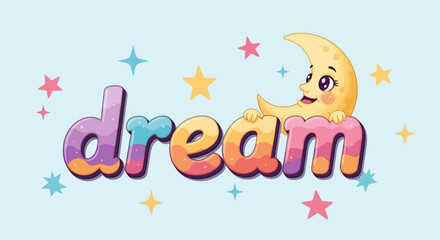 Fototapeta premium Cartoon Dream Text with Smiling Moon Character Holding the Letter M