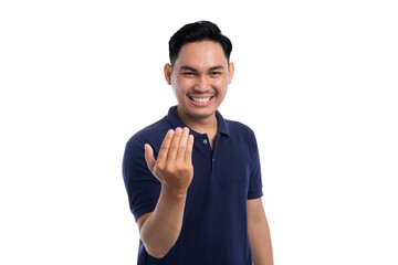 Smiling Asian man making beckoning hand gesture with inviting and friendly expression isolated on...