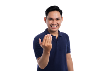 Smiling Asian man making beckoning hand gesture with inviting and friendly expression isolated on transparent background