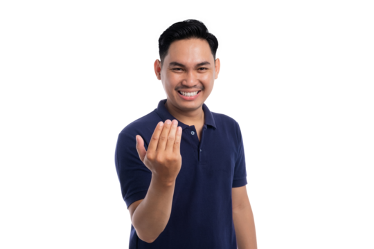 Smiling Asian man making beckoning hand gesture with inviting and friendly expression isolated on transparent background