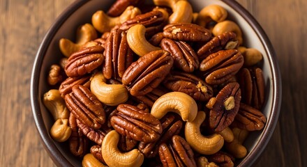Fototapeta premium Close up of roasted pecans and cashews in a bowl on a wooden surface nuts