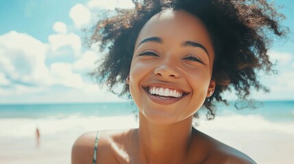 Beach, summer and portrait of woman with smile on holiday, vacation and weekend by ocean. Traveling lifestyle, nature, happy girl laugh, relaxing and enjoying adventure