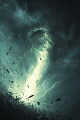 An intense scene capturing a powerful tornado swirling in a dark stormy sky, illuminated by bright flashes of lightning, showcasing nature's raw energy and chaos.