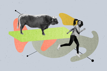 Creative collage image of terrified guy girl run bull animal pet spanish hobby fun tournament...