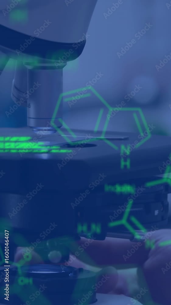 Poster animation of molecular structure and programming language over microscope in laboratory