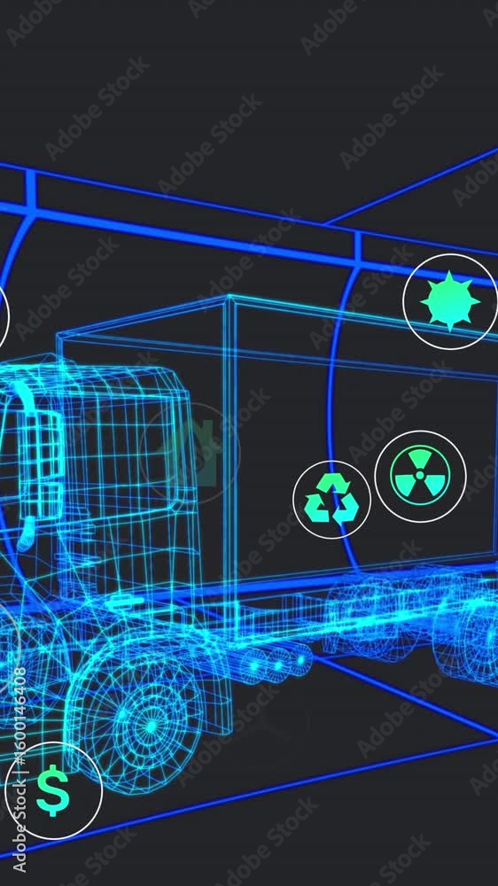 Poster animation of multiple digital icons over 3d truck model moving in seamless pattern in a tunnel