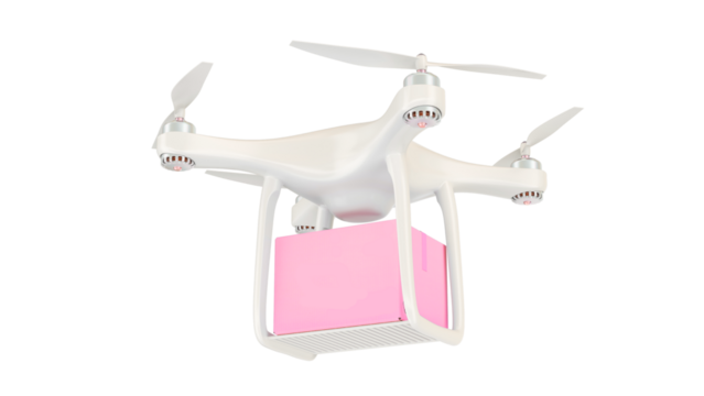 Modern white quadcopter drone carrying a pink delivery package, isolated on a transparent background. Futuristic autonomous shipping and logistics concept.