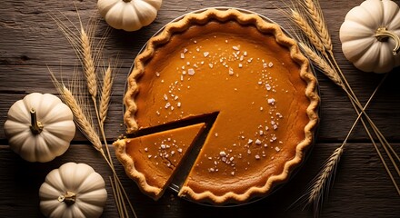 Overhead view of a whole pumpkin pie with one slice removed and sprinkled with salt dessert food