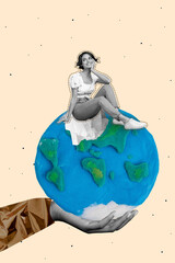 Vertical poster artwork collage of happy girl sit save earth protection rubbish crumpled paper...
