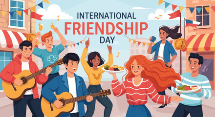 Diverse Group of Friends Celebrating Friendship Day with Music and Food.