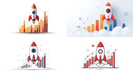 Rocket ship launching over growth charts, symbolizing success, financial progress, and market expansion on white