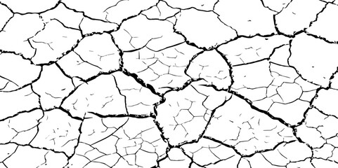 Detailed black and white illustration of cracked dry earth texture, showing deep fractures and fragmented surface. Ideal for drought, climate change, or desert-themed design and backgrounds.