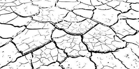 Detailed black and white illustration of cracked dry earth texture, showing deep fractures and fragmented surface. Ideal for drought, climate change, or desert-themed design and backgrounds.