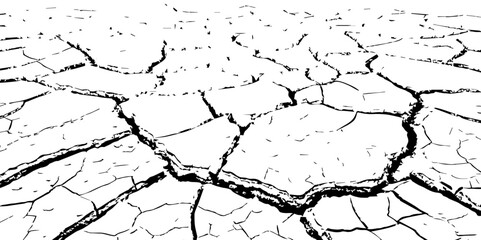 Detailed black and white illustration of cracked dry earth texture, showing deep fractures and fragmented surface. Ideal for drought, climate change, or desert-themed design and backgrounds.