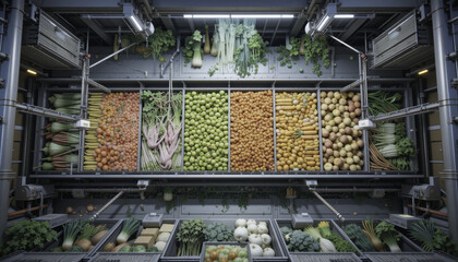Display of fresh vegetables arranged modern automated storage system showcasing various types of produce including onions carrots lettuce and cabbages with bright lighting highlighting vibrant