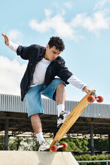 Young man demonstrating skateboarding skills in a sunny park setting