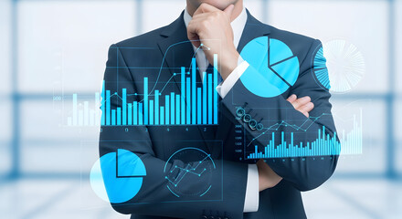 "Confident Businessman Standing with Crossed Arms and Futuristic Business Graphs and Pie Charts Overlay"