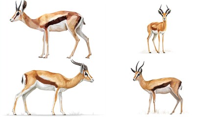Four artistic renderings of gazelles, exhibiting diverse poses and perspectives against a white background