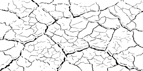 Detailed black and white illustration of cracked dry earth texture, showing deep fractures and fragmented surface. Ideal for drought, climate change, or desert-themed design and backgrounds.