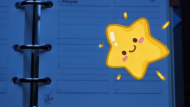 A smiling yellow star sticker adorns the blue pages of a ring-bound notebook planner