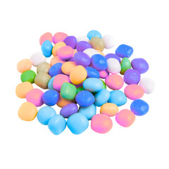 A vibrant pile of smooth, multi-colored pastel pebbles or candy-like stones isolated on a transparent background.