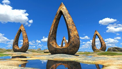 Fototapeta premium Rusty Teardrop Sculptures in a Desert Landscape