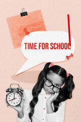 Composite zine art pop trend collage of puzzled bored schoolgirl hold alarm clock time for school...