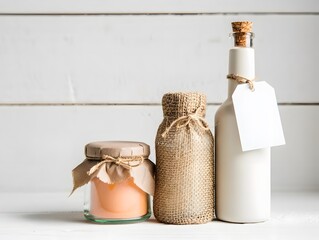 Still life of candle jar burlap wrapped bottle and white bottle with blank label