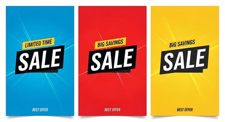 Three sale banners with blue red and yellow backgrounds and starbursts advertising promotion