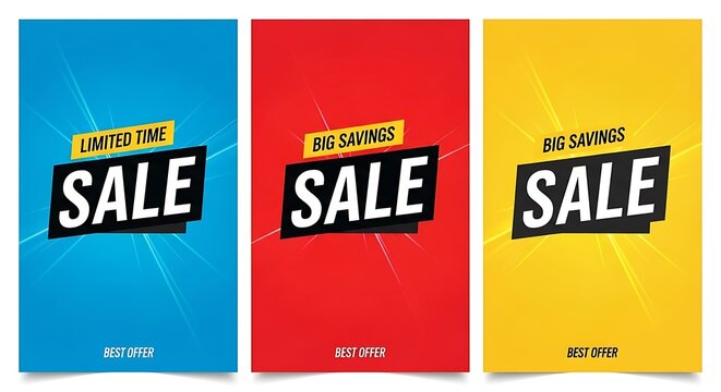Three sale banners with blue red and yellow backgrounds and starbursts advertising promotion