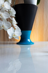 still life with white orchid and blue vase on marble
