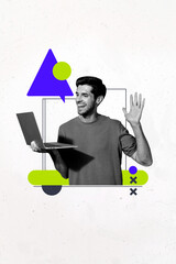 Creative artwork template sketch image 3D collage of young man smile hand gesture hello video call...