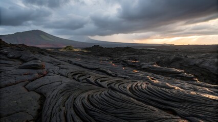Solidified lava flow with ropey surface patterns (pāhoehoe style), rich blacks and deep shadows