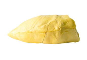Yellow pulp of ripe durian fruit in stack without peel isolated on white background with clipping...
