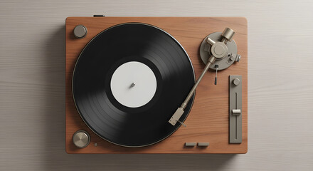 Top View of Retro Vinyl Record Player on Wooden Surface