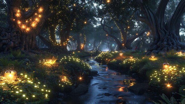 A mystical woodland with glowing plants, floating lights, and a serene river winding through ancient trees.