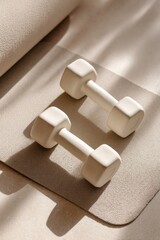 Dumbbells placed neatly on a soft neutral-toned  mat, white-beige background with soft natural light and gentle shadows, clean minimalist fitness setup, calm and aesthetic wellness vibe