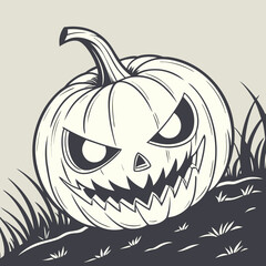 Illustration of a spooky halloween pumpkin with evil eyes and sharp teeth sitting in the grass field