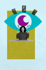 Collage of person standing under symbolic eye representing control surveillance spying manipulation...