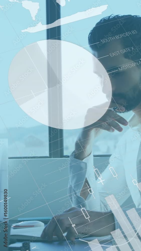 Poster animation of statistical data processing against thoughtful man taking notes at office