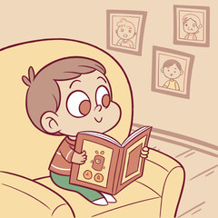 A cartoon boy is sitting in a yellow armchair and reading a book with pictures on it in a cozy room space