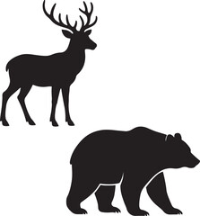 A vector illustration of isolated black deer and bear silhouettes, perfect for nature and wildlife designs