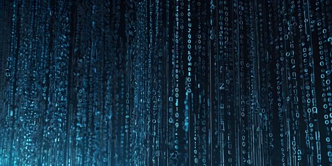 Digital Binary Code Flow with Blue Numbers on Black Background for Technology and Data Visualization