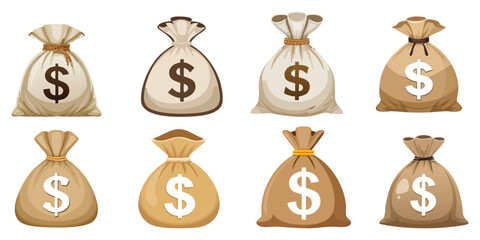 Collection of bags with dollar sings, isolated on white background. Vector illustration. 